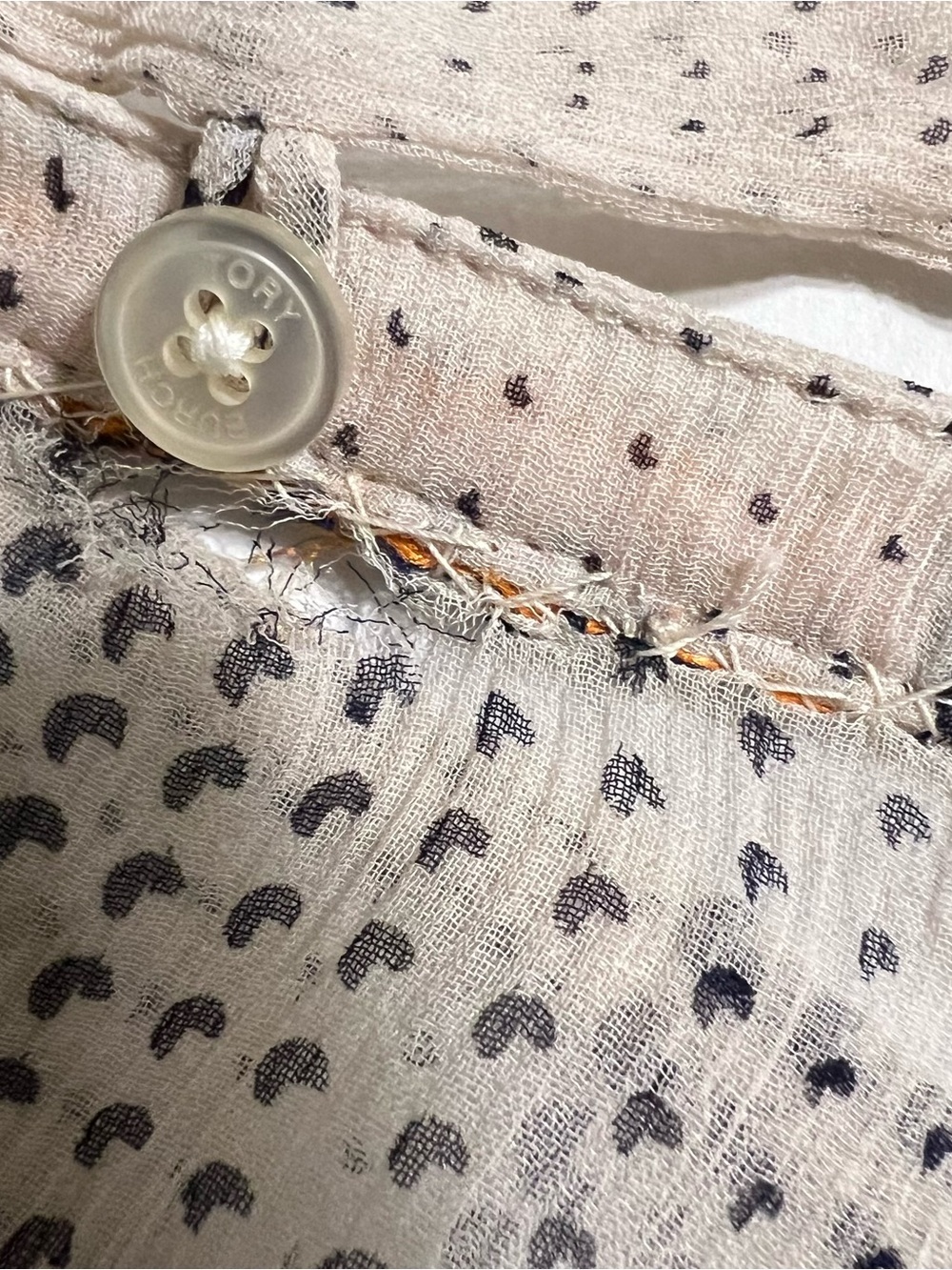 Tory Burch Cream Sheer Bow-Neck Blouse with Black Dot Stripe Logo on Buttons - Picture 13 of 13